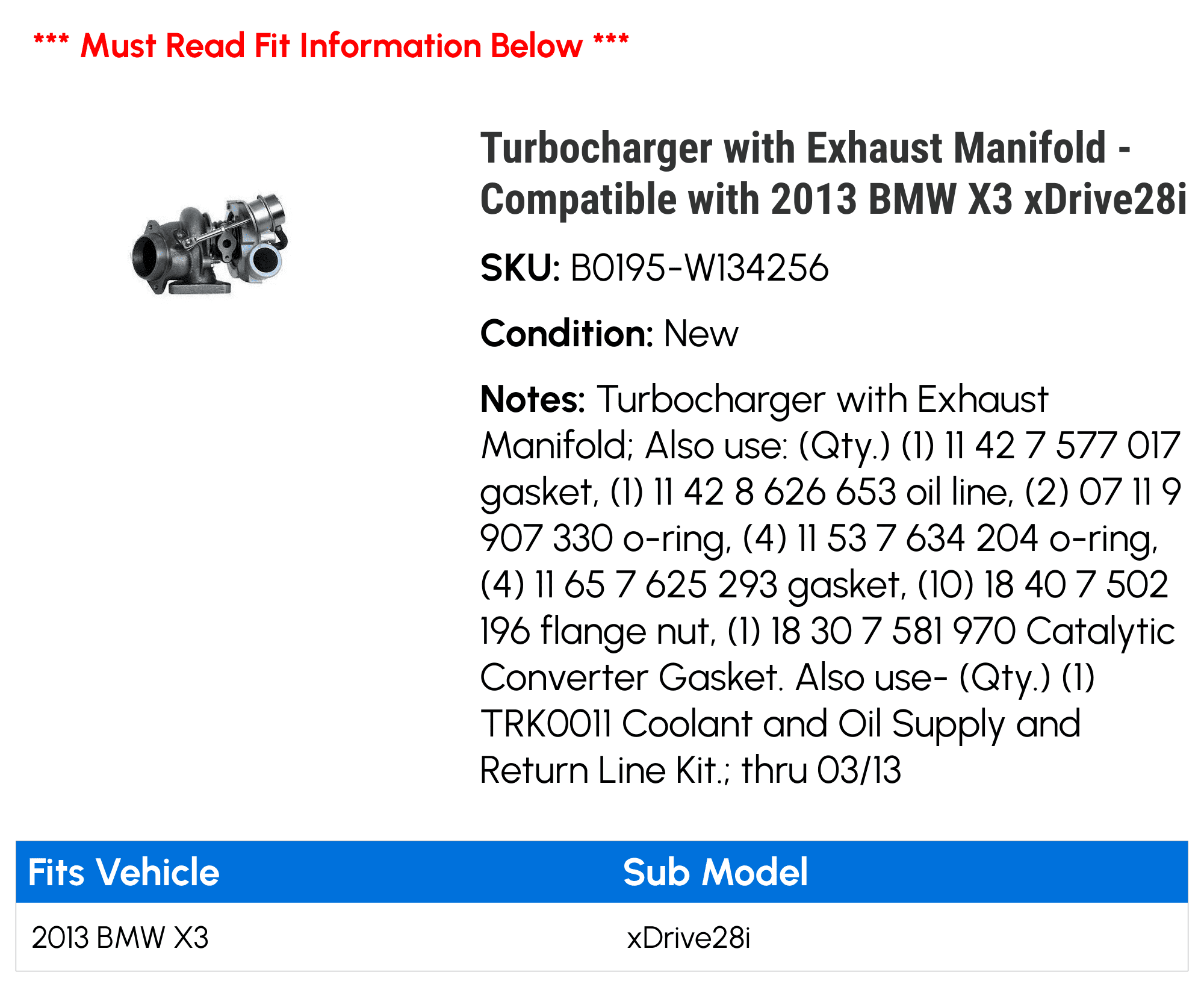 Turbocharger with Exhaust Manifold - Compatible with 2013 BMW X3 xDrive28i