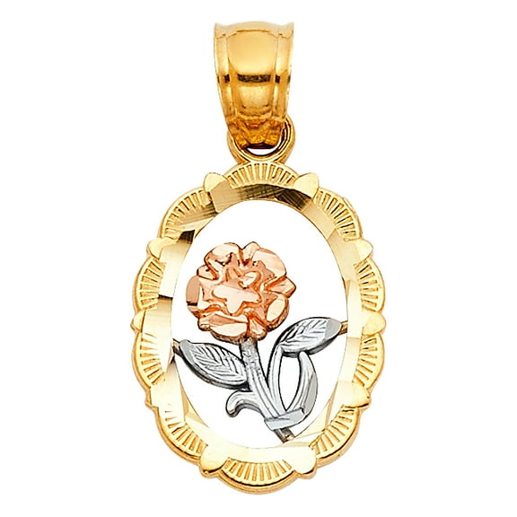14k Tri-Color Gold Floating Flower Long Stem Rose Pendant Diamond-Cut Charm Jewelry Female Unisex