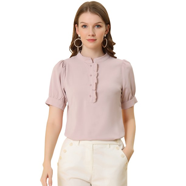 Blusa de trabajo Allegra K con cuello redondo y mangas cortas Tapeta de medio botón volantes Rosa L