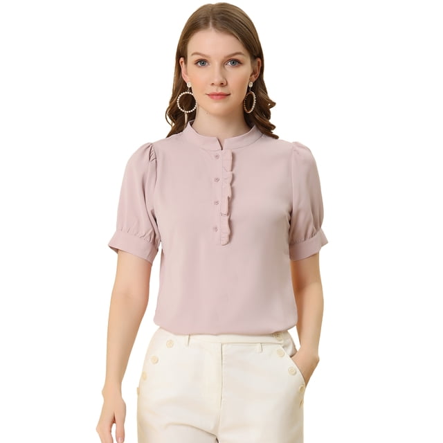 Blusa de trabajo Allegra K con cuello redondo y mangas cortas Tapeta de medio botón volantes Rosa L