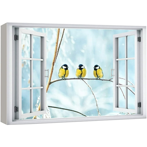 wall26 Canvas Print Wall Art Window View Yellow Birds in Snowy Winter Wonderland Wilderness Nature Photography Realism Scenic Landscape Colorful Multicolor for Living Room, Bedroom, Office - 16"