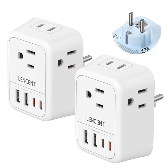 Adaptador de Viaje LENCENT Negro con 4 Salidas CA y 4 Puertos USB para Europa