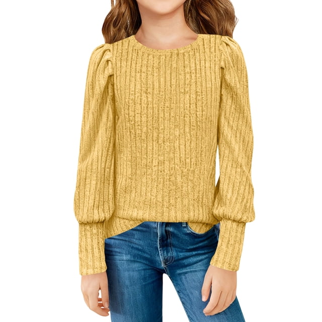 Girl's Puff Long Sleeve Ribbed T Shirt Round Neck Loose Pullover Tops Solid Color Base Layer Tee Casual Undershirts