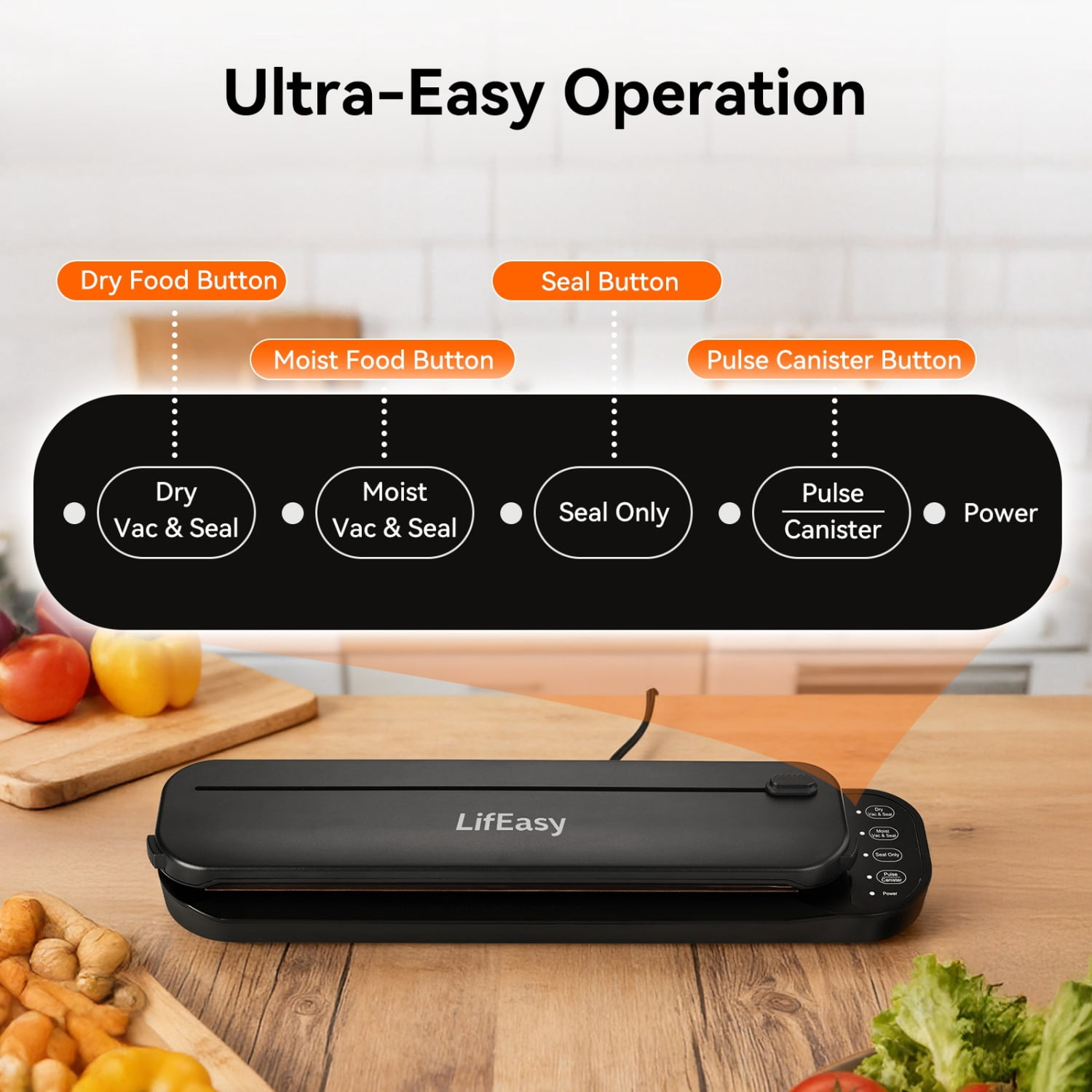 LifEasy VS2203 Food Vacuum Sealer Machine, 80kPa, 6-in-1 Modes, Dry & Moist Modes, Built-in Cutter, External Suction, 2 Rolls Bags & Starter Kit