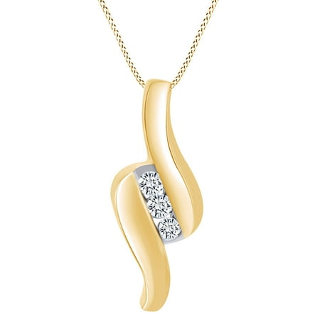 3 Stone Diamond Necklace - 0.15 Carat (Cttw) Round Shape White Natural Diamond Three Stone Pendant Necklace 10K Solid Yellow Gold