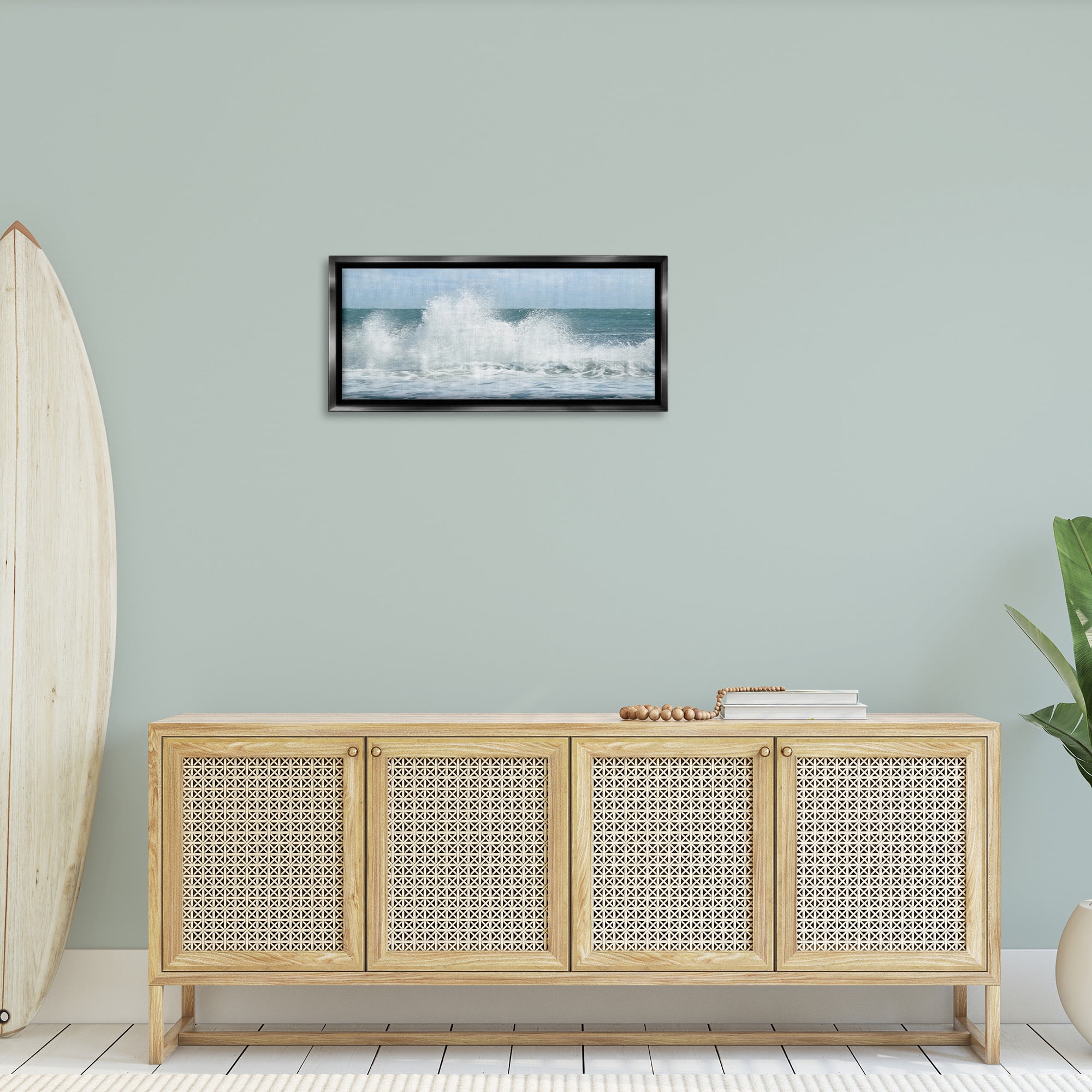 Stupell Industries Ocean Waves Crashing Foam Splash Nature Photography Black Floater Framed Canvas Art Print Wall Art, 31 x 14