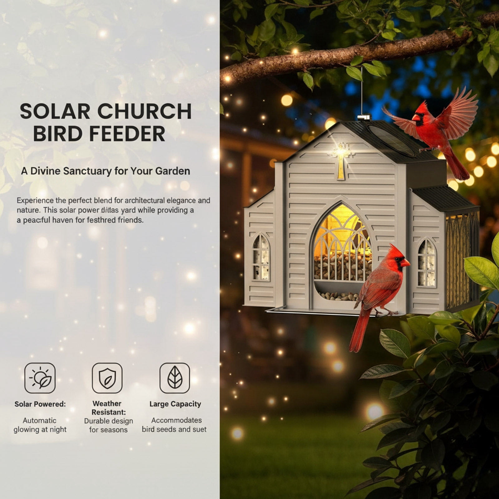 5 LB Holding Space Bird Feeder Church Shaped Metal Solar Light Hanging Outdoor Weatherproof Suet Feeder