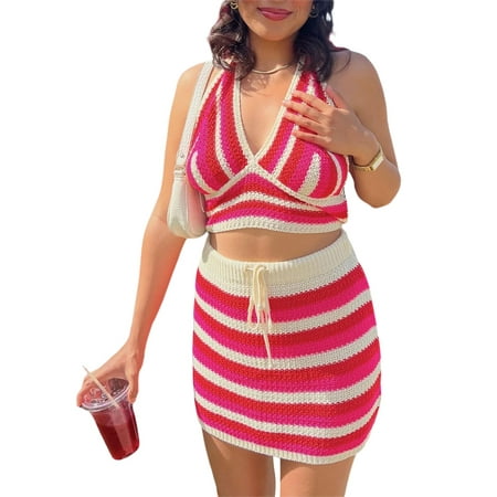 

LSFYSZD Ladies Knitted Leisure Suit Color Matching V-neck Hanging Neck Tie Up Backless Midriff-baring Camisole + Short Bust Skirt
