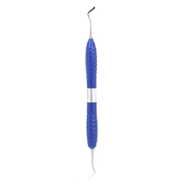 espátula de relleno de resina dental compuesta CT3 de VoborMX, herramienta para ortodoncia en vista frontal vertical; mango doble azul texturizado con anillo metálico central y puntas curvadas de acero inoxidable para moldeo de superficies grandes, adecuada para uso profesional en clínicas y laboratorios, fondo blanco.