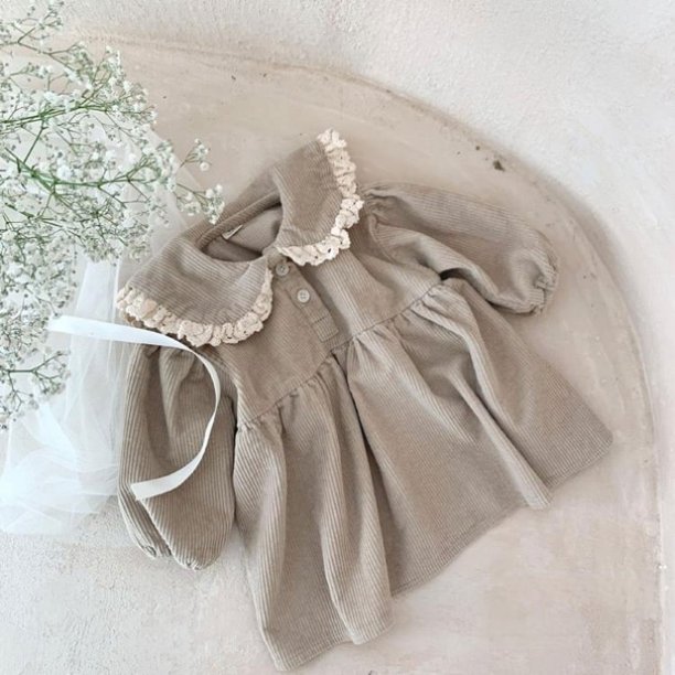 Falda de pana de algodón de manga larga con cuello de muñeca para niñas pequeñas, falda de solapa de encaje informal de moda para niñas