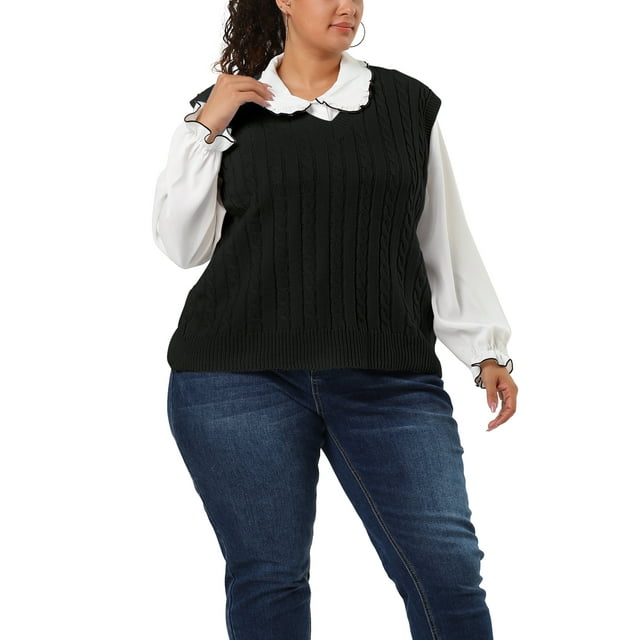 Suéteres de talgrande pamujer Chaleco con cuello en V Cable Estilo de muy buen gusto Jersey sin mangas Suéter Chalecos Negro 2X