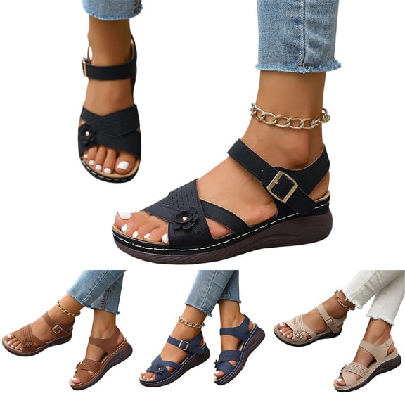 Domzle Orthopedic Sandals for Women 2026 Summer Dressy Strappy Arch Support Flat Wedge Sandals Women Open Toe Ankle Strap Comfortable Platform Slip-On Beach Walking Casual Shoes Navy