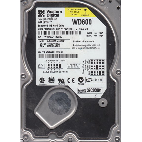 WD600BB-00CJA1, DCM HSEHNA2CH, Western Digital 60GB IDE 3.5 Hard Drive