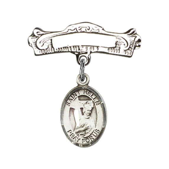 Sterling Silver Baby Badge with St. Helen Charm and Arched Polished Badge Pin 7/8 X 7/8 inches