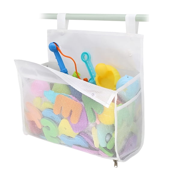 XIBUFE Bath Toy Storage Bag, White Hanging Organizer for Toddler Bathtub Toys, Large Opening Shower Toy Holder for Family Bathroom