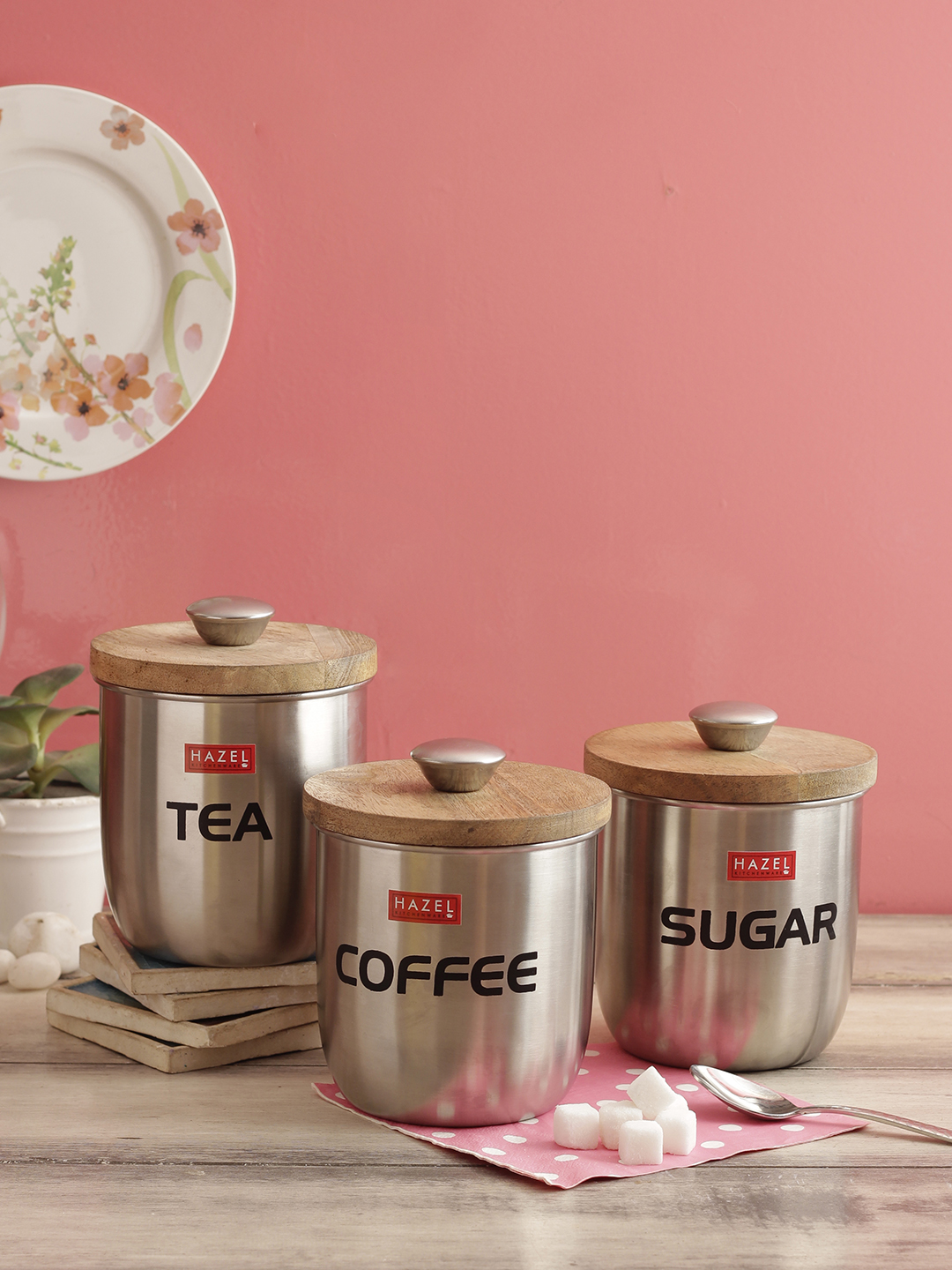 HAZEL Stainless Steel Tea Coffee Sugar Containers With Wooden Lid Set