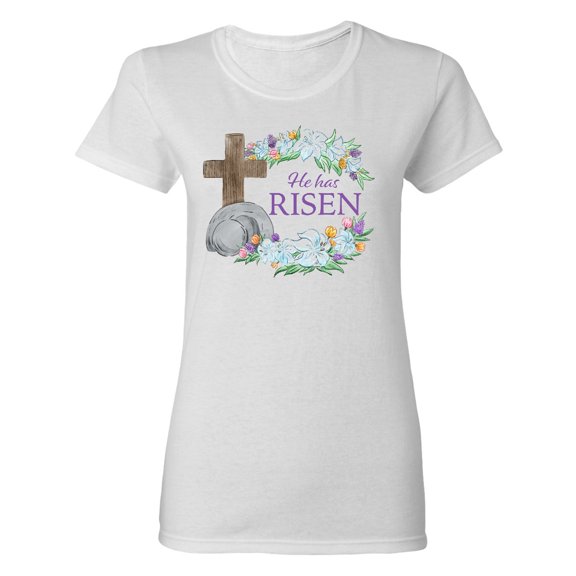 Inktastic Easter He Has Risen with Cross and Flowers Women's T-Shirt