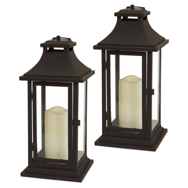 14" Black Iron Lantern with LED Flameless Pillar Candle