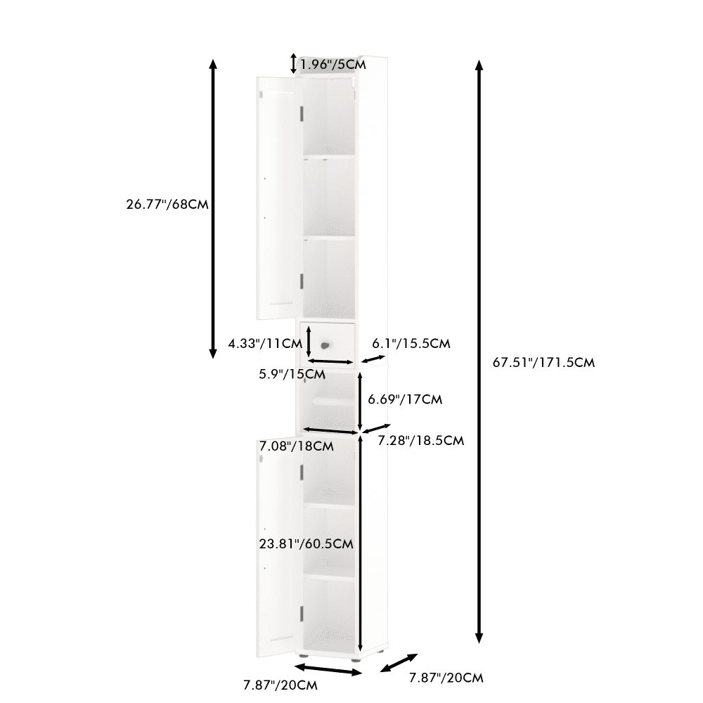 67.51" Tall Bathroom Storage Cabinet with Adjustable Shelves,Slim 2 Doors Freestanding Cabinet with Anti-Tip, Open compartments, for Home, Small Spaces, Bathroom,Kitchen, Living Room, White