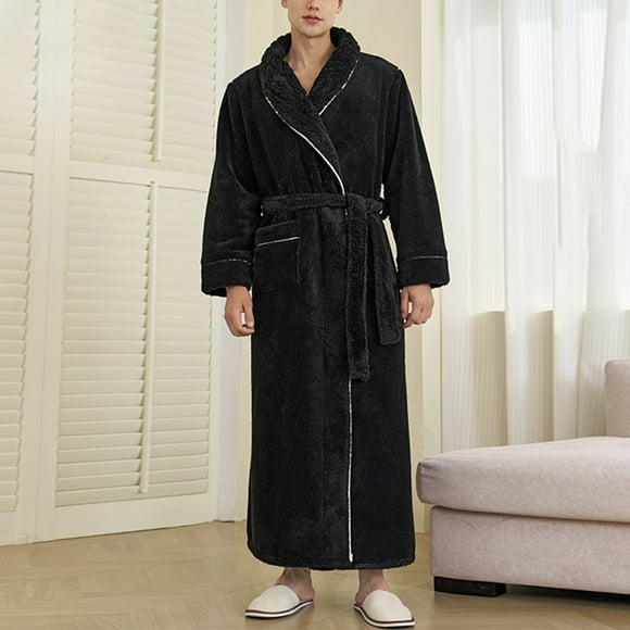 TIMIFIS Black Fuzzy Bathrobes for Men Shower Towel Kimonos Solid Color Sleeping Robes Loungewewar Casual Soft Comfy Sleepwear Midi Length Long Sleeve Loose Nightwear Robes Nightgowns