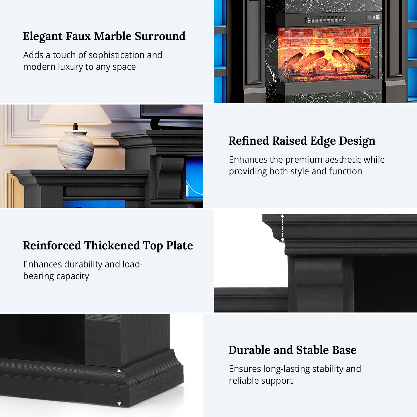 LGHM 72" Fireplace TV Stand with 3-Sided Glass Electric Fireplace & Charging Station & LED Lights for TVs up to 80", Black