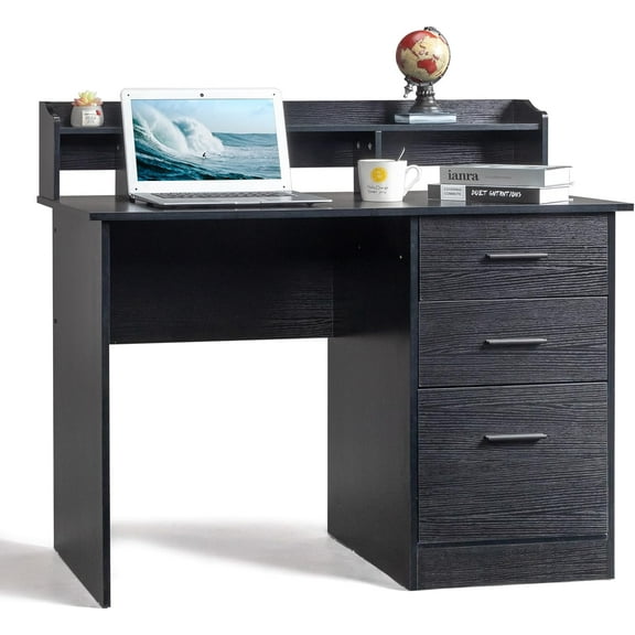 Black Computer Desk with Drawers ＆ Desktop Hutch, Modern Work Study Gaming Writing Home Office Desks with Storage for Kids, Small Wood Table for Bedroom, PC Laptop Workstation