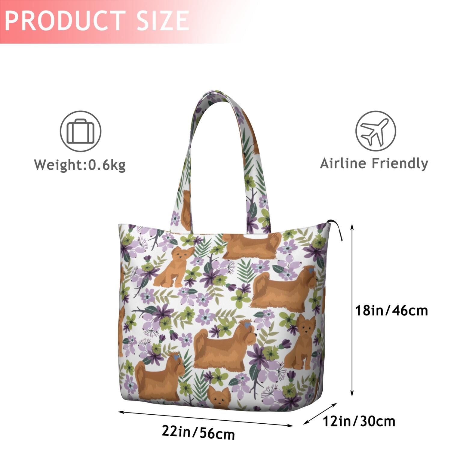 Yorkie Dog and Flower Florals Travel Tote Bags for Women Carry On,Large Weekender Bags for Women Travel,Multi Functional Duffle Bag for Work,Shopping,Sports