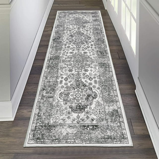 Findosom 2'x6' Hallway Runner Rug Washable Vintage Kitchen Laundry Runner with Non Slip Backing Farmhouse Entryway Living Room Floor Mat Stain Resistant Runner Carpet Gray