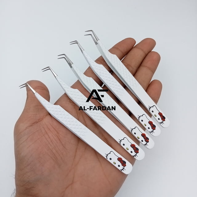 Pinzas para pestañas con estampado de Hello Kitty, pinzas para pestañas con punta de fibra de 90 grados, pinzas para volumen de pestañas de etiqueta privada de acero inoxidable