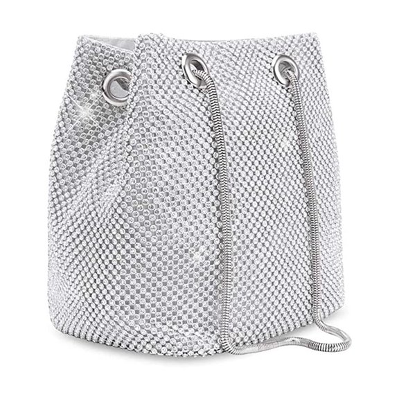 Women's Evening Bag- Full Rhinestones Bucket Bag Shining Crossbody Bag Shoulder Bag for Party Wedding Date Night-Silver