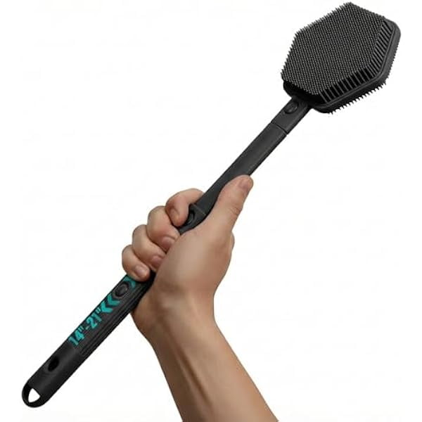 wonima11 Silicone Back Scrubber for Shower – 21in Extendable Shower Brush with Long Handle – Dual-Sided Back Brush with Non-Slip Grip, Gentle Cleansing & Exfoliation for Men, Women, Elderly (Black)