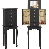 RONG-3 Jewelry Cabinet Armoire Chest with 4 Drawers, Flip Top Mirror, Top Storage Compartments, 2 Side Doors with 8 Necklace Hooks, 2 Shelves, Standing Jewelry Organizer Box for Girls Gift,Black