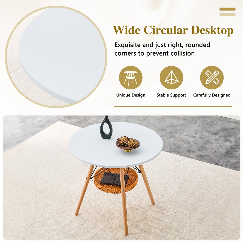 31.5" Round Dining Table, White MDF Vacuum-Formed Tabletop with Solid Wood Legs, Woven Storage Basket, Modern Kitchen Table for 2-4