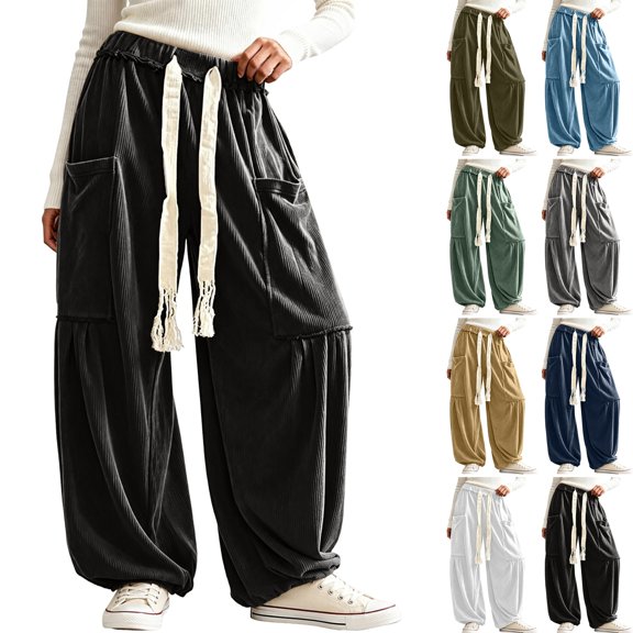 DORKASM Corduroy Pants Women High Waist Loose Fit Lounge Harem Pants Elastic Waist Boho Soft Balloon Trousers Drawstring Fashion Fall Winter Sweatpants with Pockets Black S