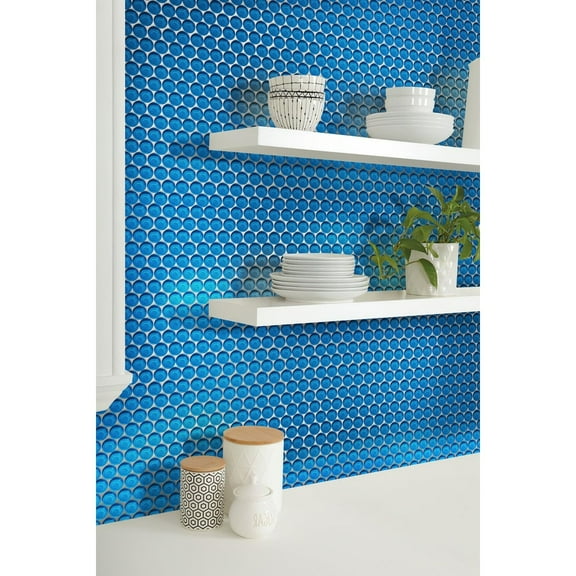 Apollo Tile   5 Pack 12-in x 12-in Sea Blue Penny Round Glossy Finished Glass Mosaic Wall and Floor Tile (5 sq ft/case)