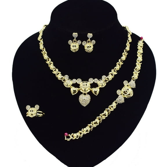 Women's Hugs & Kisses XOXO 18k Real Gold Plated Layered 4 Pieces Necklace Set Includes a Necklace Bracelet Ring Earrings