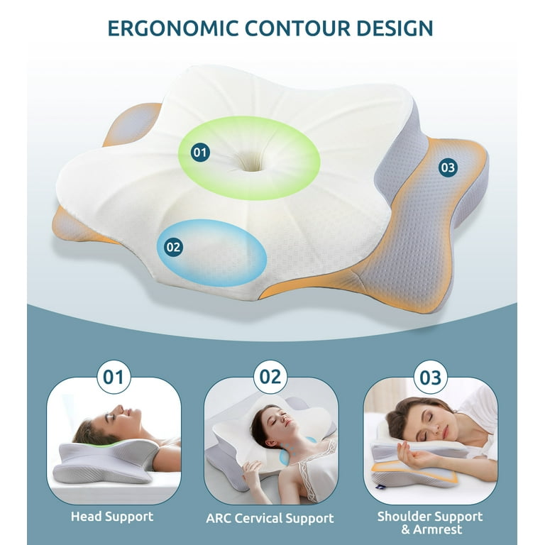 FAIORD Cervical Memory Foam Pillows for Bed Orthopedic Contour Neck Pillow  for Pain Relief Sleeping with Pillowcase White 24.8×14.6×5.1