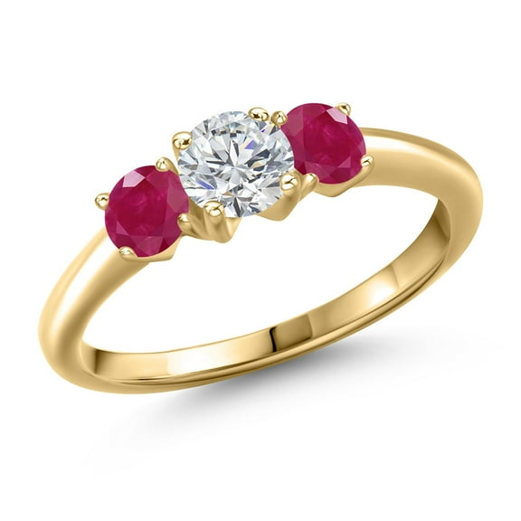 Gem Stone King 10K Yellow Gold Lab Grown Diamond and Red Ruby Engagement Ring for Women | 1.20 Cttw | Round 5MM | Gemstone April Birthstone | Size 6