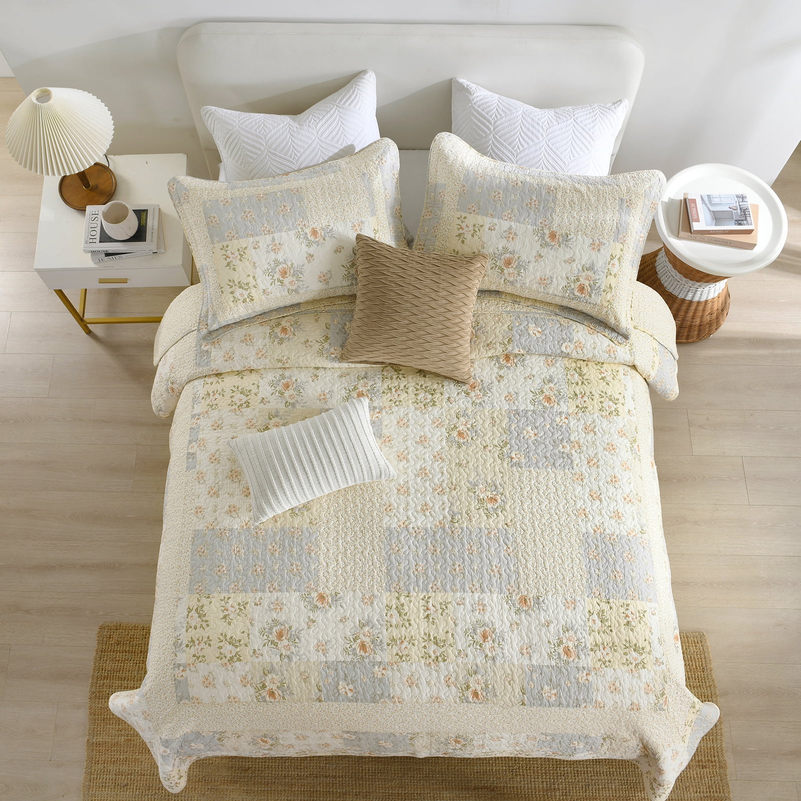 DUOHONG King Bedspread 120"W x 120"L - 100% Cotton Reversible Lightweight Oversized Quilt with 2 Pillow Shams, Beige/Brown/Cream White