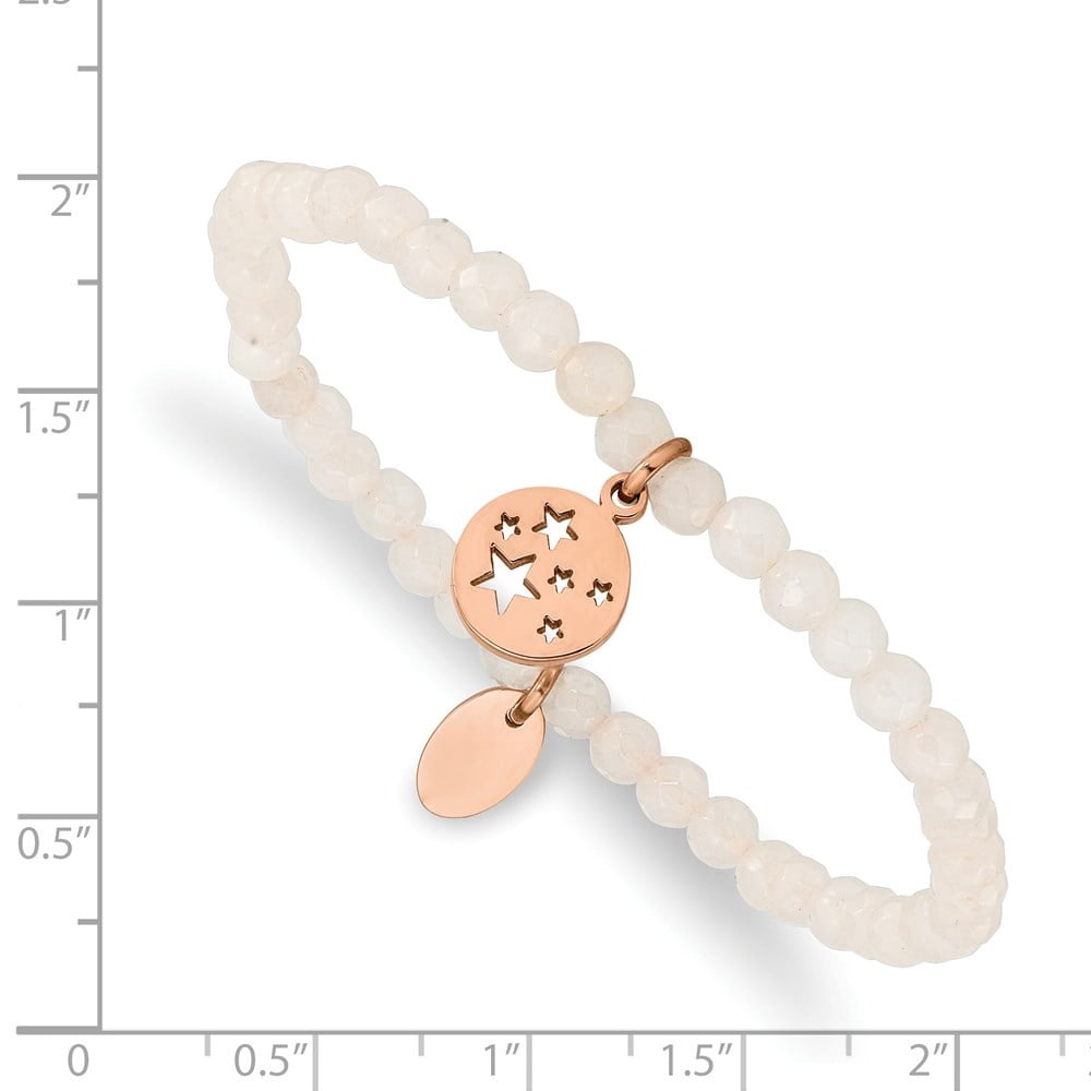Auriga Mother's Day Gift Stainless Steel Rose IP-plated Stars 4mm White Jade Beaded Stretch Bracelet for Women
