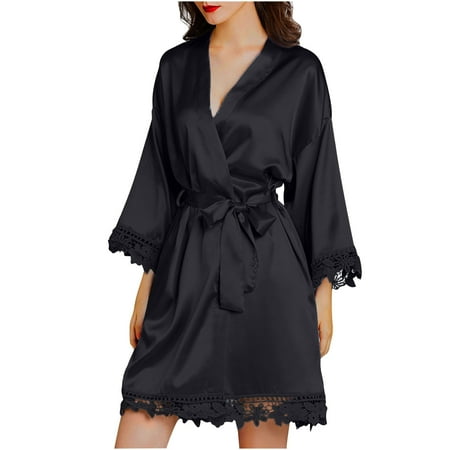QUYUON Womens Satin Robe Silk Kimono Bathrobe Bridesmaid Wedding Bridal Party Robes Women 3/4 Sleeve Lace Trim V Neck Pajamas Short Nightgown Lingerie Sleepwear with Belted Black-C L