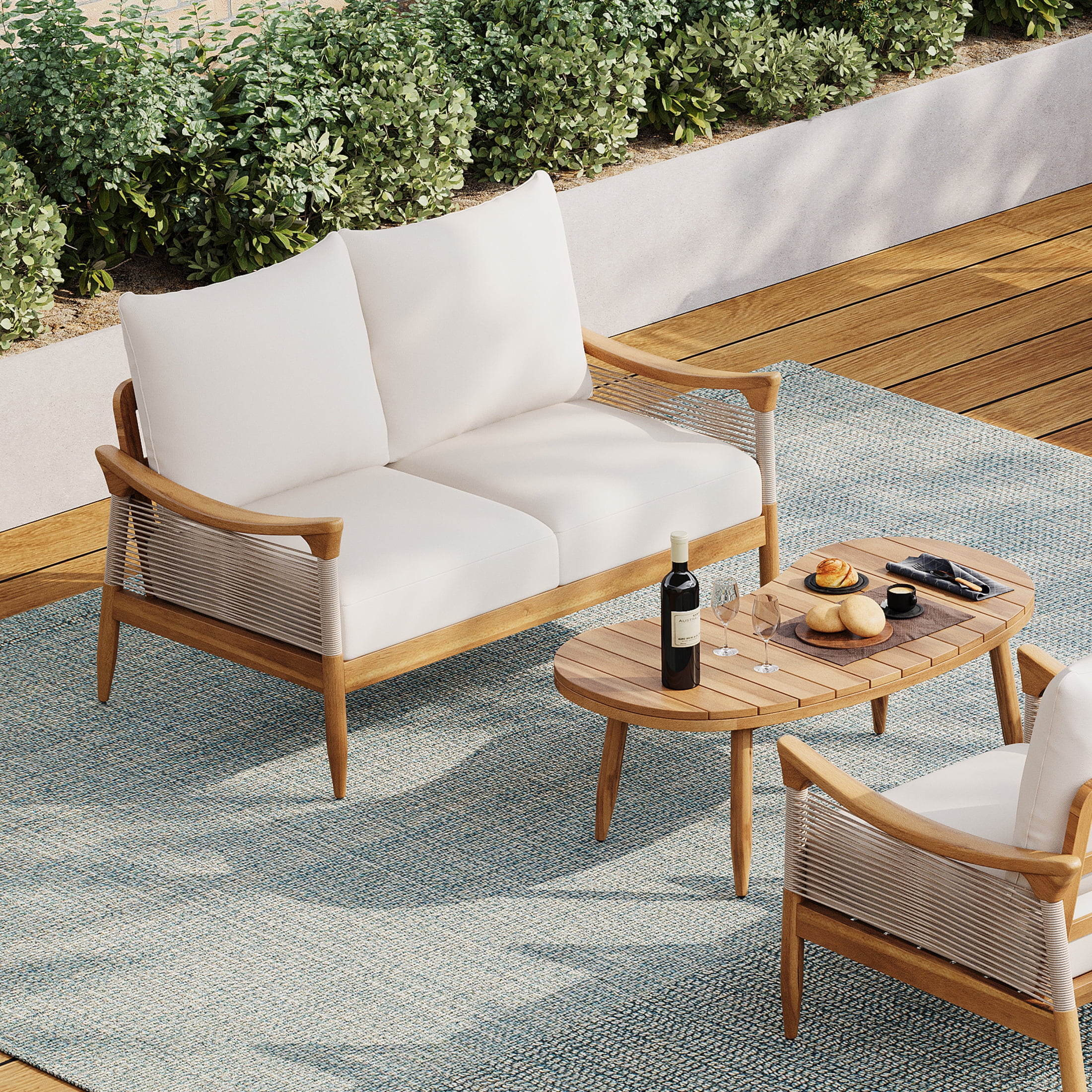 Christopher Knight Home Modern 2 Piece Patio Loveseat Coffee Table Set with Cushion, Solid Wood, Teak+ Beige