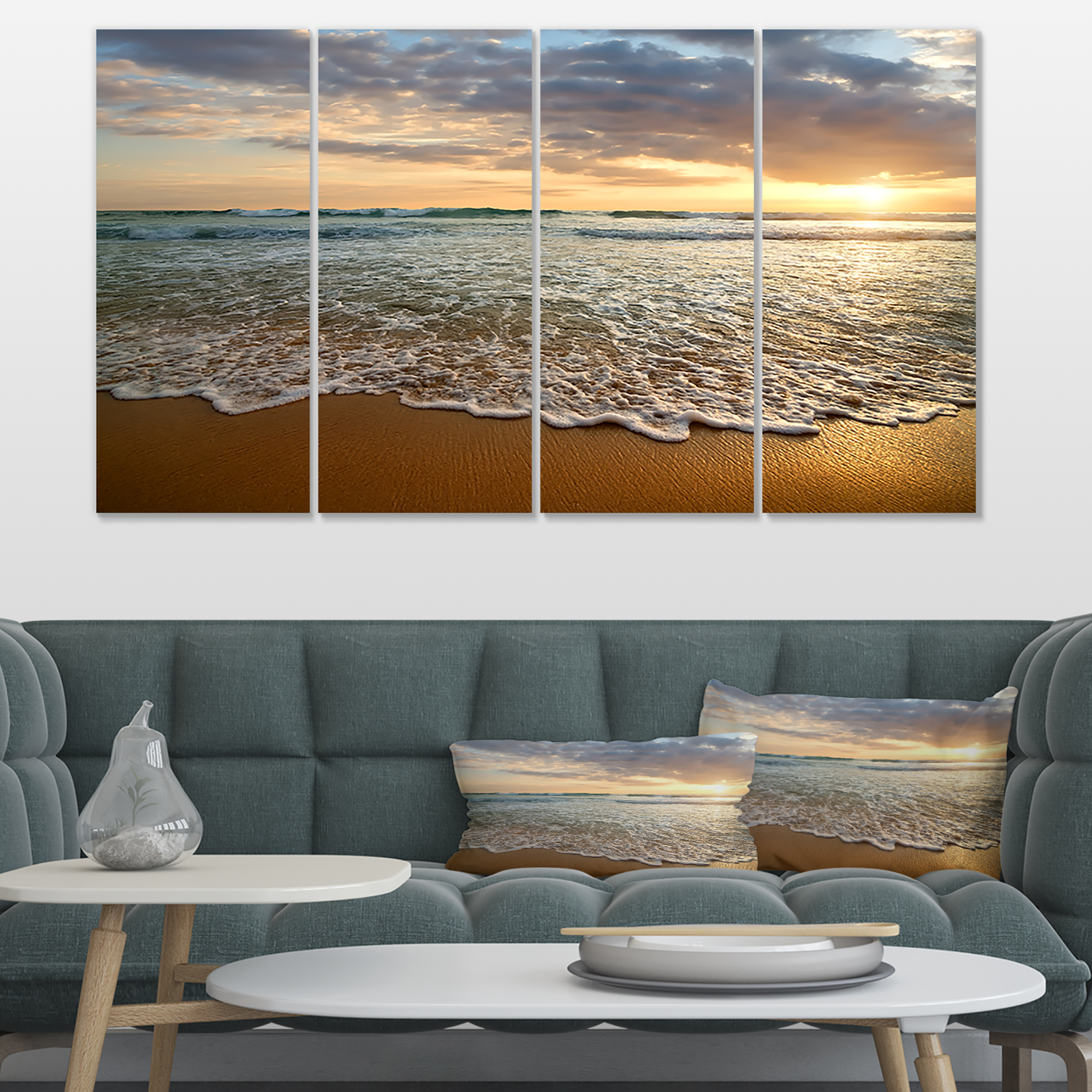 Designart 'Bright Cloudy Sunset in Calm Ocean ' Seashore Canvas Art Print