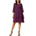 thumbnail image 1 of Vestido de gasa con volantes para mujer Inspire Chic, de capas, fluido, de manga 3/4, corte A, hasta la rodilla, color púrpura oscuro, talla S, 1 of 6