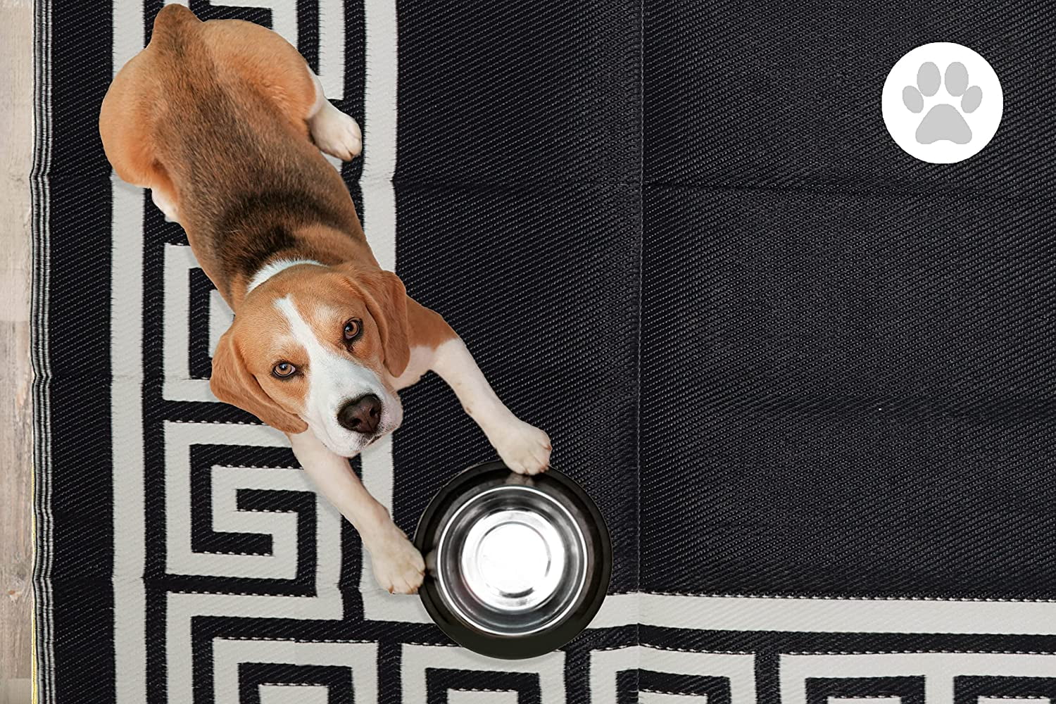 FH Home Outdoor Rug - Waterproof, Fade Resistant, Reversible - Premium Recycled Plastic - Greek Border - Large Patio, Deck, Sunroom, RV, Camping - Athens - Black & White - 9 x 12 ft Foldable