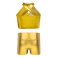 thumbnail image 2 of TiaoBug Kids Girls Cheerleading Outfits Shiny Sequin Sleeveless Crop Top and Metallic Shorts Set Dancewear Gold 16, 2 of 6