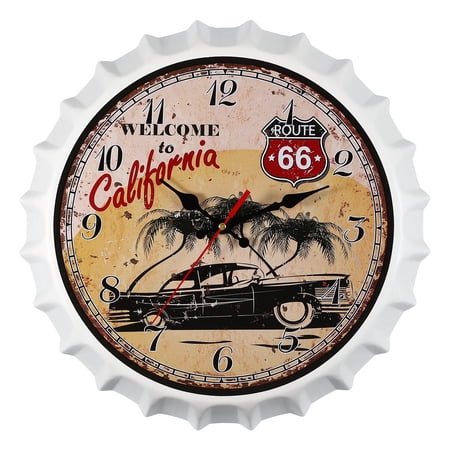 Uxcell Beer Cap Wall Clock 14 Inch, Retro Industrial Silent Non-Ticking Metal Clock for Man Bar Pub Garage Room Decor, Yellow Background Black Car Design