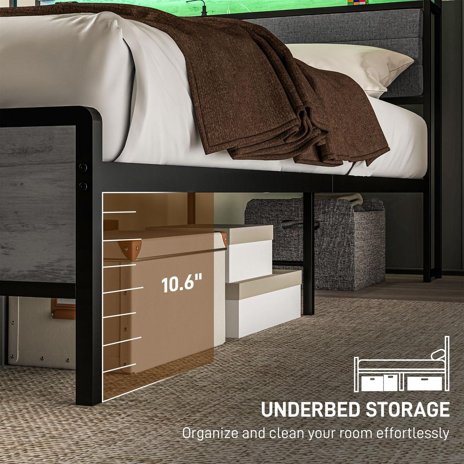 Demi Bonn Queen Bed Frame with Storage, LED Lights & Charging Station, Modern Design for Home Use, Upholstered Headboard, Gray