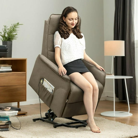 Resenkos Lift Chair for Seniors, Recliner with Remote, Side Pockets, Easy Assembly, Fabric Linen, Brown