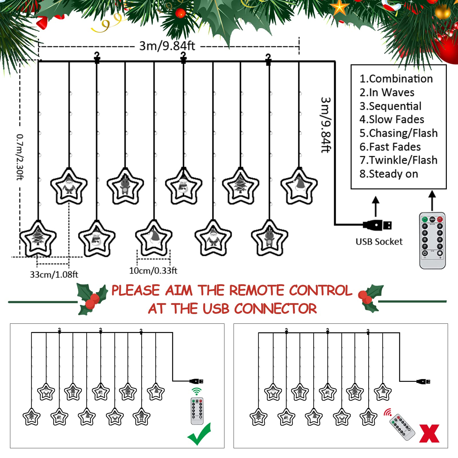 Willed Christmas Curtain Lights with Star Rings and Ornaments photo 8